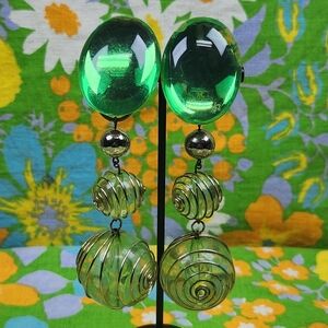 Vintage 80s Funky Neon Green Drop Spiral Cage Large Dangle Earrings